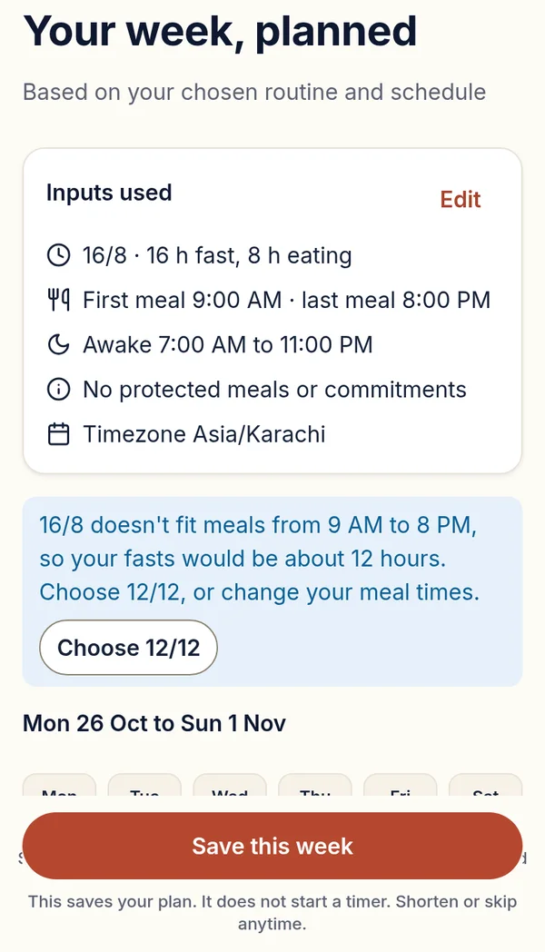 Fit My Week preview: your week, planned, with the inputs used and a Save this week button.