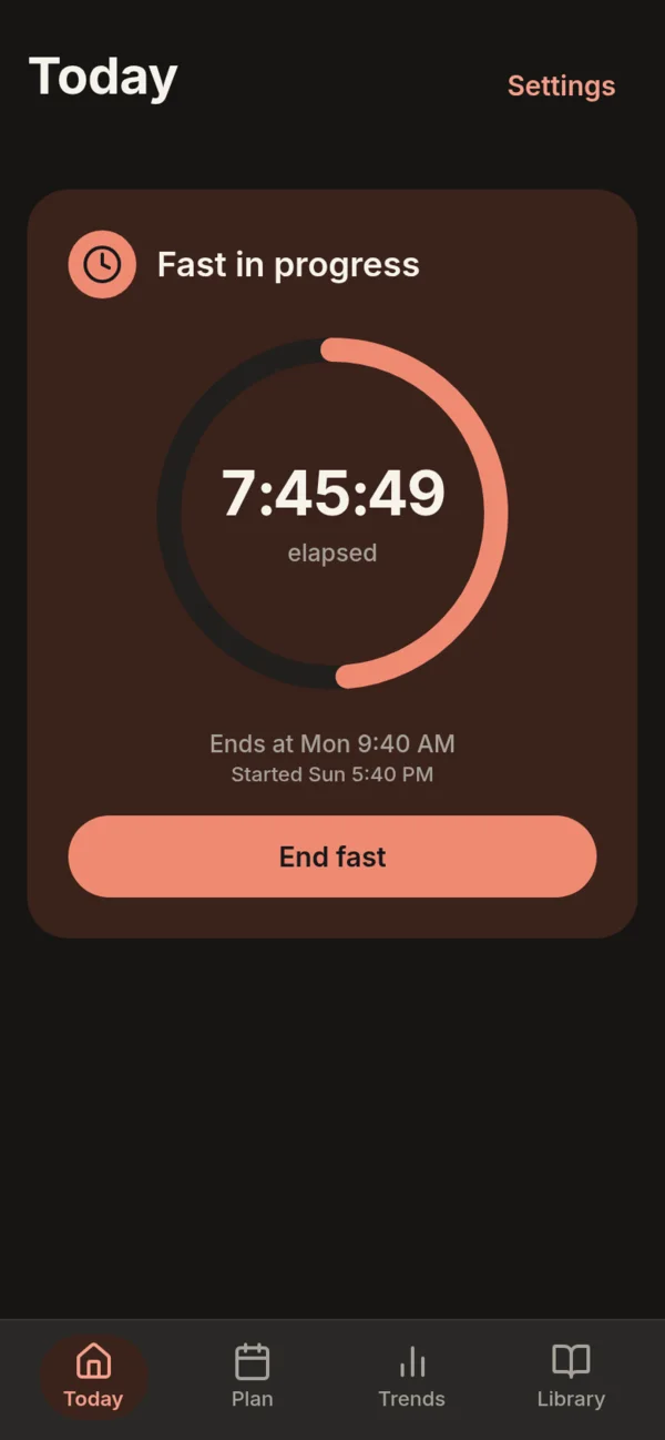 Today with a fast in progress: a ring around the elapsed time, the time the fast ends, and an End fast button.
