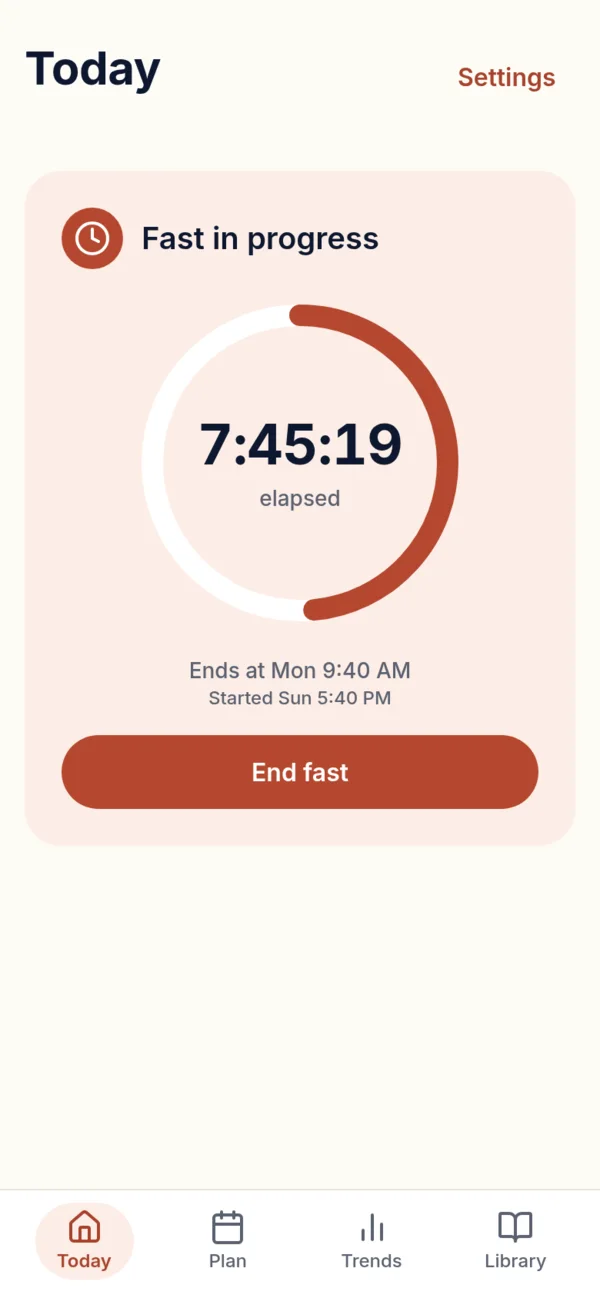 Today with a fast in progress: a ring around the elapsed time, the time the fast ends, and an End fast button.