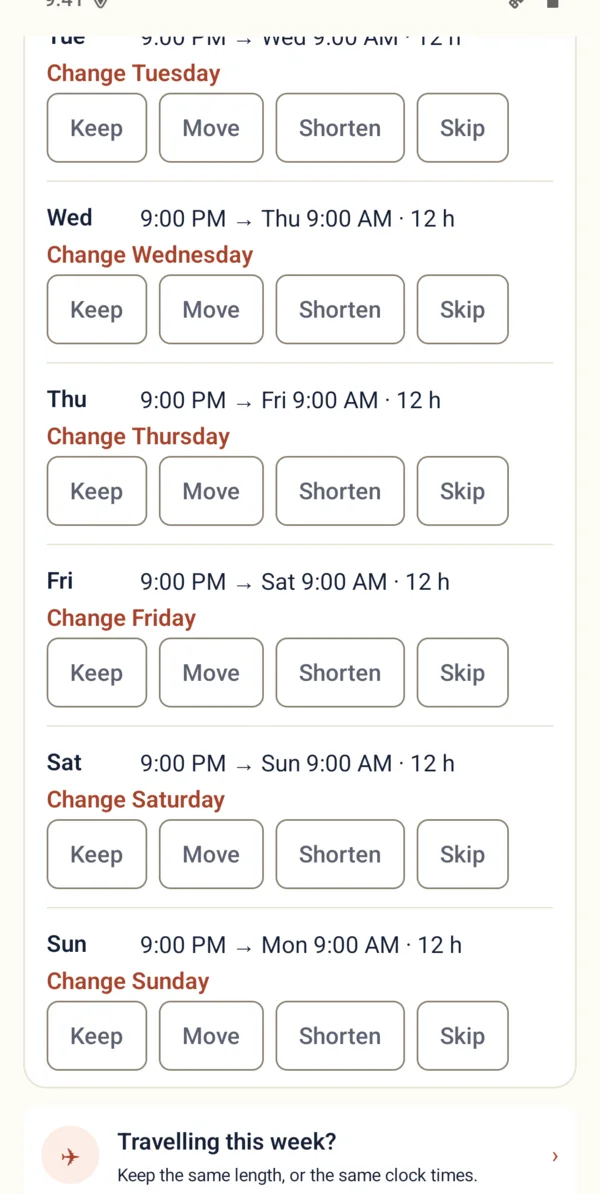 The planner with Keep, Move, Shorten and Skip choices for each day, and a Travelling this week card offering to keep the same length or the same clock times.